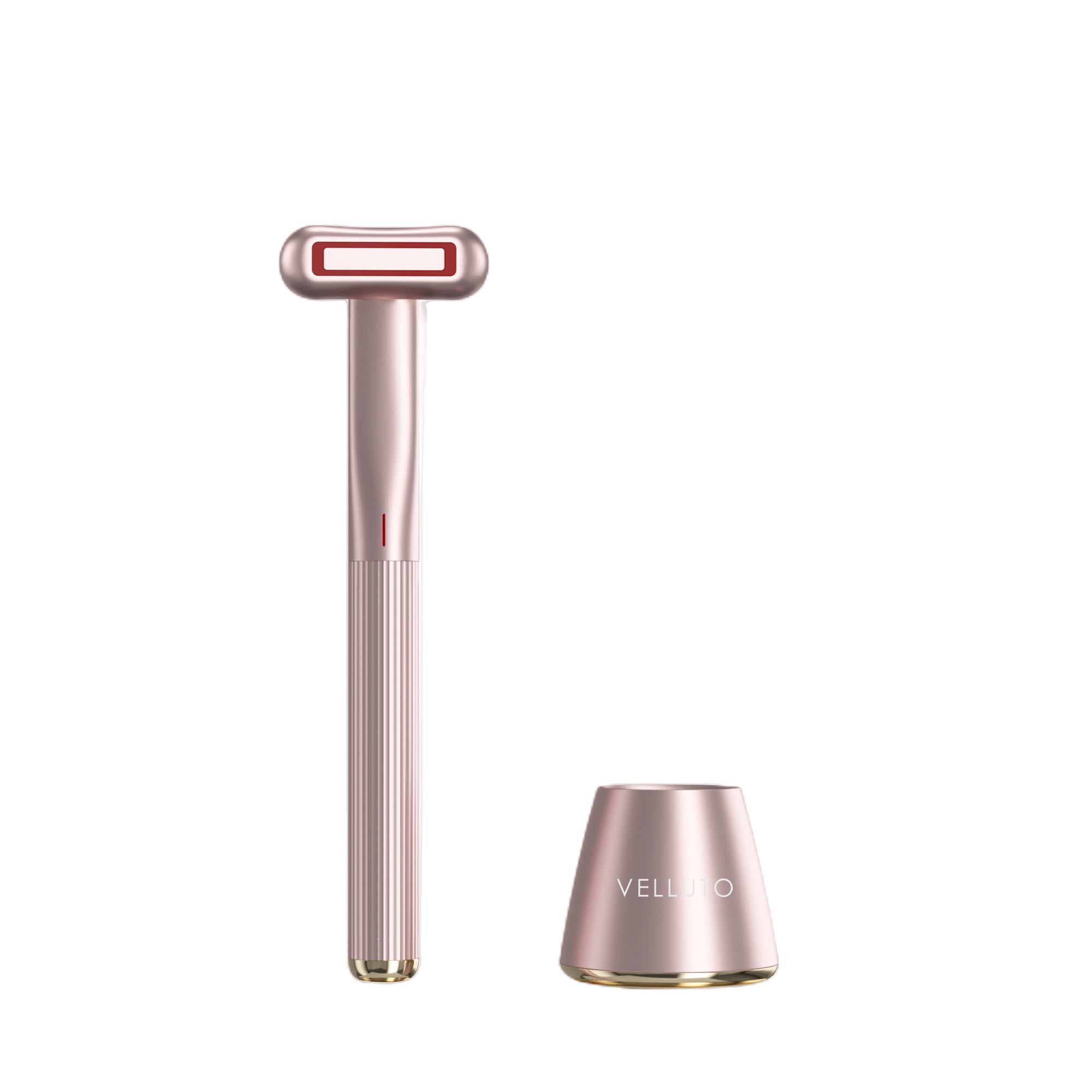 Rose gold handheld device with a cylindrical attachment on a white background, branded 'VELLUEO'.