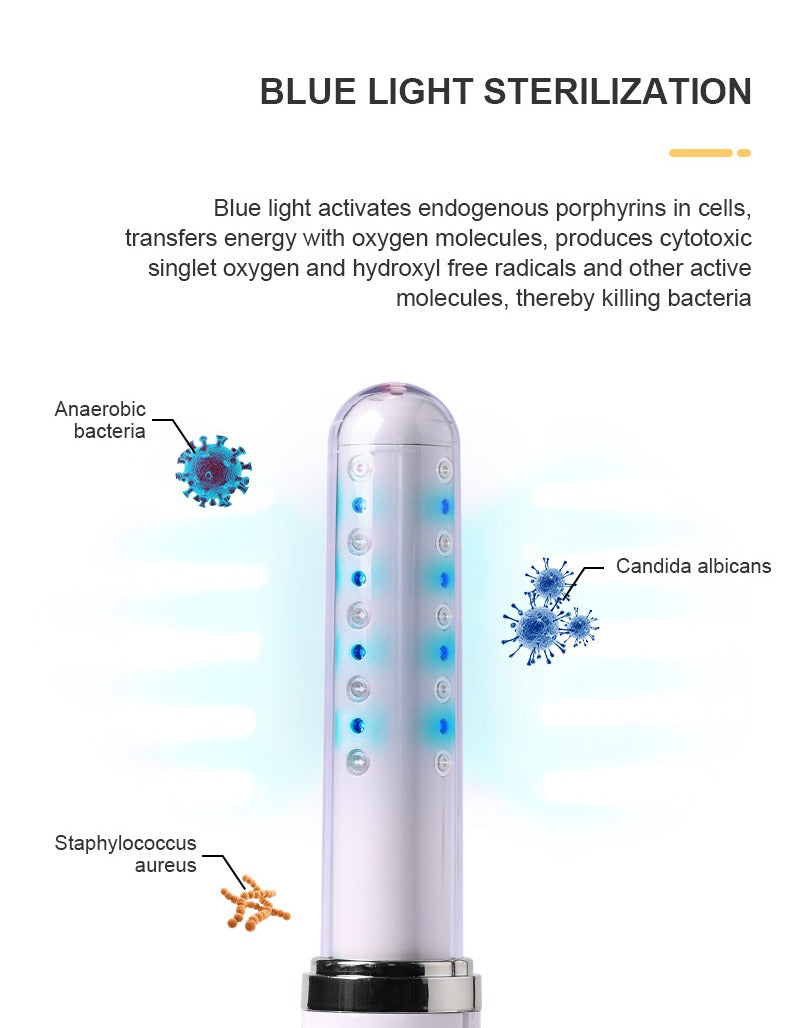 Blue light sterilization device with text explaining its function on a white background